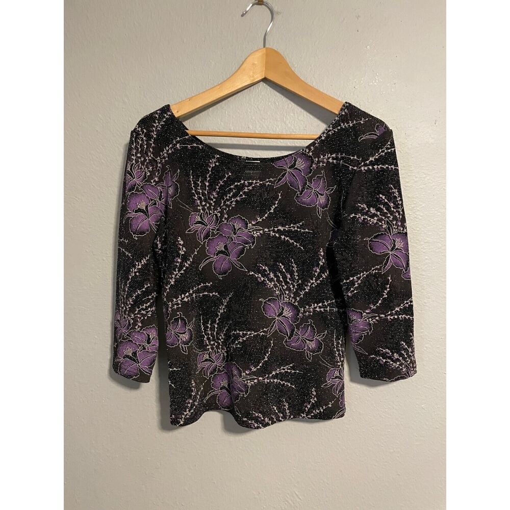 Vintage Jonden Womens Top Large Black Floral Glitter Deadstock Whimsigoth Y2K